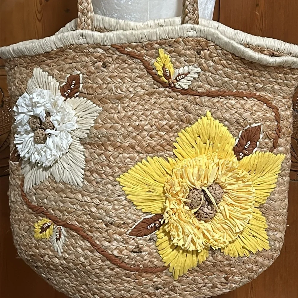 Chicos Floral Beach 100% Jute Tote
